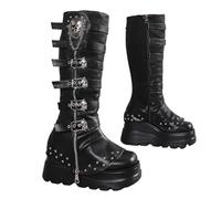 Botas largas para mujer, de tacón alto, decoración de metal, plataforma gótica, correa de hebilla de piel, botas femeninas, Black, 42 2/3 EU