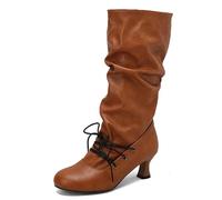 Botas Mediacaña de Inspiración Victoriana Mujer de Piel Sintética Arrugada Cordones Delanteros Tacón Kitten Elegantes Zapatos de Disfraz y Casual,Amarillo,47 EU