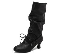 Botas Mediacaña de Inspiración Victoriana Mujer de Piel Sintética Arrugada Cordones Delanteros Tacón Kitten Elegantes Zapatos de Disfraz y Casual,Negro,37 EU