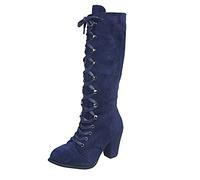 Botas medievales para mujer, de ante con cordones, con aguja, retro, ligeras, largas, a prueba de viento, para el tiempo libre, botas de invierno para exteriores, cómodas botas con cordones, azul, 42