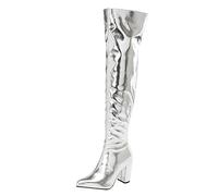 Botas metálicas sobre la rodilla, punta puntiaguda, tacones gruesos, capa interior de felpa corta, fruncido alto, botas de cremallera de moda para vestir, plata, 37 EU