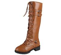 Botas Militares Mujer Altas - Botas Planas Mujer Con Cordones Cremallera Lateral Retro Sólido Rectos Hasta La Rodilla Tacon Ancho Bota Punta Redonda Hebilla De Cinturón Otoño Invierno Moda Bota