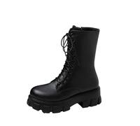 Botas Militares Mujer Botas Moteras de Moda de Suela Gruesa Casual Botines Mujer Otoño e Invierno de Puntera Redonda con Cordones y Cremallera Lateral Moda Bota Combate de Media Pantorrilla de Piel