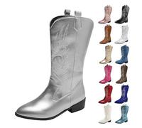 Botas Mujer Cowboy Media Caña Botas Pantorrilla Bordada Fiesta Vintage Boots Altas Originales Botin Tacón Alto Antideslizante Zapatos Comodos Moda Bota Sin Cordones para Invierno Otoño Primavera