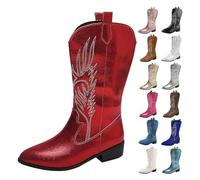 Botas Mujer Cowboy Media Caña Botas Pantorrilla Bordada Fiesta Vintage Boots Altas Originales Botin Tacón Alto Antideslizante Zapatos Comodos Moda Bota Sin Cordones para Invierno Otoño Primavera