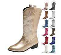 Botas Mujer Cowboy Media Caña Botas Pantorrilla Bordada Fiesta Vintage Boots Altas Originales Botin Tacón Alto Antideslizante Zapatos Comodos Moda Bota Sin Cordones para Invierno Otoño Primavera