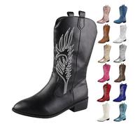 Botas Mujer Cowboy Media Caña Botas Pantorrilla Bordada Fiesta Vintage Boots Altas Originales Botin Tacón Alto Antideslizante Zapatos Comodos Moda Bota Sin Cordones para Invierno Otoño Primavera