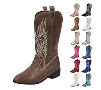 Botas Mujer Cowboy Media Caña Botas Pantorrilla Bordada Fiesta Vintage Boots Altas Originales Botin Tacón Alto Antideslizante Zapatos Comodos Moda Bota Sin Cordones para Invierno Otoño Primavera