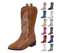 Botas Mujer Cowboy Media Caña Botas Pantorrilla Bordada Fiesta Vintage Boots Altas Originales Botin Tacón Alto Antideslizante Zapatos Comodos Moda Bota Sin Cordones para Invierno Otoño Primavera