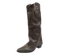 Botas occidentales gruesas para mujer, debajo de la rodilla, punta alta, remache de diamantes de imitación, botas vaqueras, estilo occidental, tacón grueso, botines bajos para Halloween, escenario