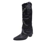 Botas occidentales gruesas para mujer, debajo de la rodilla, punta alta, remache de diamantes de imitación, botas vaqueras, estilo occidental, tacón grueso, botines bajos para Halloween, escenario