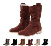 Botas para mujer del Reino Unido, botas vaqueras de tacón bajo y grueso, antideslizantes, para mujer, estilo sheriff, vintage, desgastadas, de poliuretano, zapatos occidentales de pantorrilla ancha