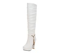 Botas para mujer, transpirables, punta redonda, muslo alto, talones gruesos, moda, botas de mujer, material resistente, Blanco, 42 EU