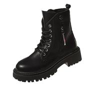 Botas planas de mujer con tacón, botas de equitación con cremallera, con cordones, para el tiempo libre, de un solo color, elegantes, Negro , 36 EU