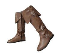 Botas planas hasta la rodilla para mujer, plegables, punta redonda, cremallera lateral, botas altas para motocicleta, Brown, 37.5 EU