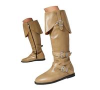 Botas planas hasta la rodilla para mujer, plegables, punta redonda, cremallera lateral, botas altas para motocicleta, Khaki, 37 EU