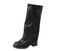 Botas plegables para mujer, tacón grueso, puntera redonda, hebilla de cinturón, botas de motocicleta, elegantes suela antideslizante, botas de caballero de moda, zapatos largos casuales para
