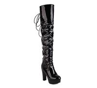 WOkismD Botas por Encima de la Rodilla con Plataforma para Mujer, Botas largas de tacón Grueso con Punta Redonda y Cordones Traseros, Botas Altas hasta el Muslo de Charol,Negro,38