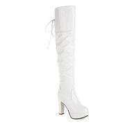 WOkismD Botas por Encima de la Rodilla con Plataforma para Mujer, Botas largas de tacón Grueso con Punta Redonda y Cordones Traseros, Botas Altas hasta el Muslo de Charol,Blanco,39