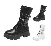 Botas punk para mujer, botas de motociclista con hebilla de plataforma gruesa, botas góticas, botas góticas de punta redonda, botines góticos de seguridad, botines de combate de seguridad, White, 37 1