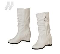 Botas Slouchy Mujer Con Cuña Media Pantorrilla Punta Redonda Botas De Invierno Con Detalle De Anillo Y Flecos Calzado Cómodo Para Diario Oficina Paseo,blanca,42 EU