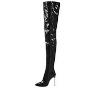 Botas sobre la rodilla de charol para mujer Sexy Tacón alto de aguja de 4.3 pulgadas Estiramiento Cremallera lateral Botas largas hasta el muslo Punta estrecha Botines sobre la rodilla,Negro,38
