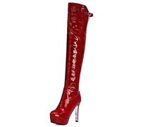 Botas sobre La Rodilla Mujer, Plataforma Impermeable Botas Altas hasta El Muslo Cabeza Redonda Pintura De Cuero Tacones Altos Delgados Fiesta Noche Invierno,Black-50