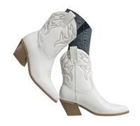 Botas vaqueras al tobillo para mujer, puntera puntiaguda, bordadas, vaqueras occidentales, tacón grueso, botas cortas, White, 36 EU