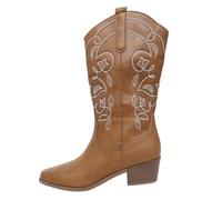 Botas vaqueras bordadas a media pantorrilla para mujer, con tacón grueso, de pantorrilla ancha, sin cordones, para fiestas y bailes de graduación, Z01brown, 37.5 EU
