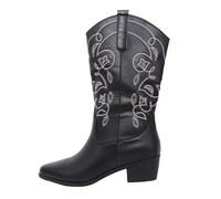 Botas vaqueras bordadas a media pantorrilla para mujer, con tacón grueso, de pantorrilla ancha, sin cordones, para fiestas y bailes de graduación, Z01black, 39 EU