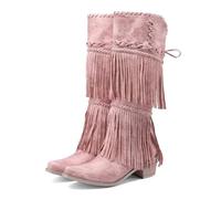 Botas Vaqueras Botas hasta la rodilla con flecos de vaquera occidental for mujer, botas borlas trenzadas rosas, puntera puntiaguda, tacones cuadrados for(Pink,43)