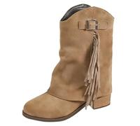Botas vaqueras con borlas para mujer, botas occidentales de media pantorrilla, botines de campo con tacón de bloque, botines bajos antideslizantes, zapatos casuales vintage con hebilla, calzado al