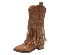 Botas vaqueras con borlas para mujer, botas occidentales de media pantorrilla para mujer, botines de tacón bajo y grueso, zapatos de equitación antideslizantes, zapatos elegantes con hebilla ajustable