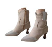 Botas vaqueras con diamantes de imitación para mujer, botas vaqueras occidentales con purpurina del Reino Unido, puntera puntiaguda, botines de ante retro, con cremallera lateral, tacón medio, botines