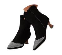 Botas vaqueras con diamantes de imitación para mujer, botas vaqueras occidentales con purpurina del Reino Unido, puntera puntiaguda, botines de ante retro, con cremallera lateral, tacón medio, botines