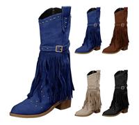 Botas vaqueras con flecos para mujer, botas occidentales para mujer, botines de tacón de bloque de gamuza sintética a media pantorrilla con detalles de tachuelas, cómodo calzado con cremallera lateral