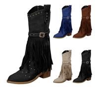 Botas vaqueras con flecos para mujer, botas occidentales para mujer, botines de tacón de bloque de gamuza sintética a media pantorrilla con detalles de tachuelas, cómodo calzado con cremallera lateral