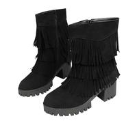 Botas vaqueras de ajuste ancho para mujer, de gamuza, estilo retro, con borlas, puntera redonda, zapatos de plataforma con borlas, tacón grueso romano con cremallera, zapatos casuales de vaquero