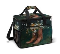 Botas vaqueras de cuero marrón con flores silvestres blancas para camping, bolsa térmica aislada, bolsas portátiles a prueba de fugas con correa para el hombro