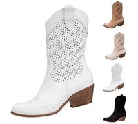 Botas vaqueras de piel para mujer, botas occidentales, color blanco, medias botas cortas al tobillo, botas de cuero de tacón bajo, zapatos de tacón bajo, botas cálidas de invierno transpirables