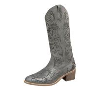 Botas vaqueras de piel para mujer, botines con tacón, botas de invierno elegantes bordados, botas de equitación forradas Chelsea, botas anchas, botas altas de otoño, botas retro de invierno, Gris 31