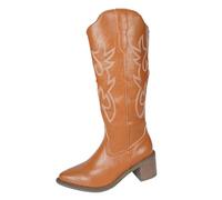 Botas vaqueras de piel para mujer, botines con tacón, botas de invierno elegantes bordados, botas de equitación forradas Chelsea, botas anchas, botas altas de otoño, botas retro de invierno, Marrón27