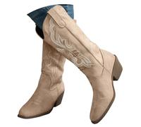 Botas Vaqueras Mujer, Botas Altas de Moda con Bordados Florales Elegantes, Tacón Ancho y Punta Estrecha, Calzado de Cuero Sintético Estilo Western Cowboy, Ideal para Uso Diario, Fiestas Casuales