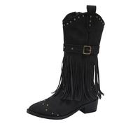 Botas vaqueras occidentales con flecos para mujer, botas con tachuelas, botines vintage de piel sintética con tacón a media pantorrilla con correa de hebilla, calzado cómodo para festivales de música