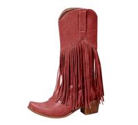 Botas vaqueras occidentales con flecos para mujer, botas puntiagudas para mujer, botines de tacón medio de pantorrilla de gamuza sintética, calzado cómodo para salidas informales, festivales de música