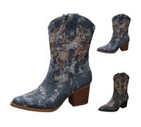 Botas vaqueras para mujer, bordadas en el Reino Unido, puntera puntiaguda, retro, sin cordones, tacón medio grueso, estilo occidental, botas vaqueras de ajuste ancho, estilo retro, de piel occidental