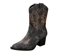 Botas vaqueras para mujer, bordadas en el Reino Unido, puntera puntiaguda, retro, sin cordones, tacón medio grueso, estilo occidental, botas vaqueras de ajuste ancho, estilo retro, de piel occidental