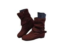 Botas vaqueras para mujer, botas clásicas de otoño para mujer, sin tacón, cómodas, color marrón claro con plegadas, puntera redonda, fruncida, de gamuza, estilo vintage, botines planos, Brown, 36.5 EU