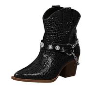 Botas vaqueras para mujer, botas de equitación con hebilla de cadena de charol metálico del Reino Unido, puntera puntiaguda, botas de motocicleta, tacón grueso, botas de caminar, ajuste ancho