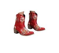 Botas vaqueras para mujer, botines vaqueros occidentales con puntera puntiaguda, tacón bajo y grueso, bordado vintage, tacones medios, botas vaqueras occidentales de pantorrilla ancha y punta